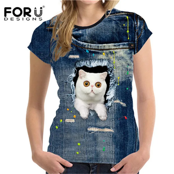 FORUDESIGNS/футболка с милым котом для женщин, Летний стиль, короткий рукав, женские футболки, 3D черный деним, с карманом, футболки для девочек, ropa mujer - Цвет: CA4911BV