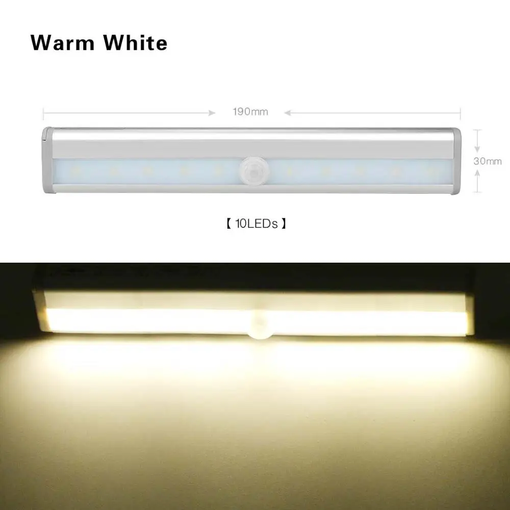 10LED 190mm Warm AIMENGTE светодиодный светильник с датчиком движения и магнитной лентой на батарейках для шкафа, ящика, шкафа, кухонного шкафа, ночной Светильник - Цвет: 10LED 190mm Warm