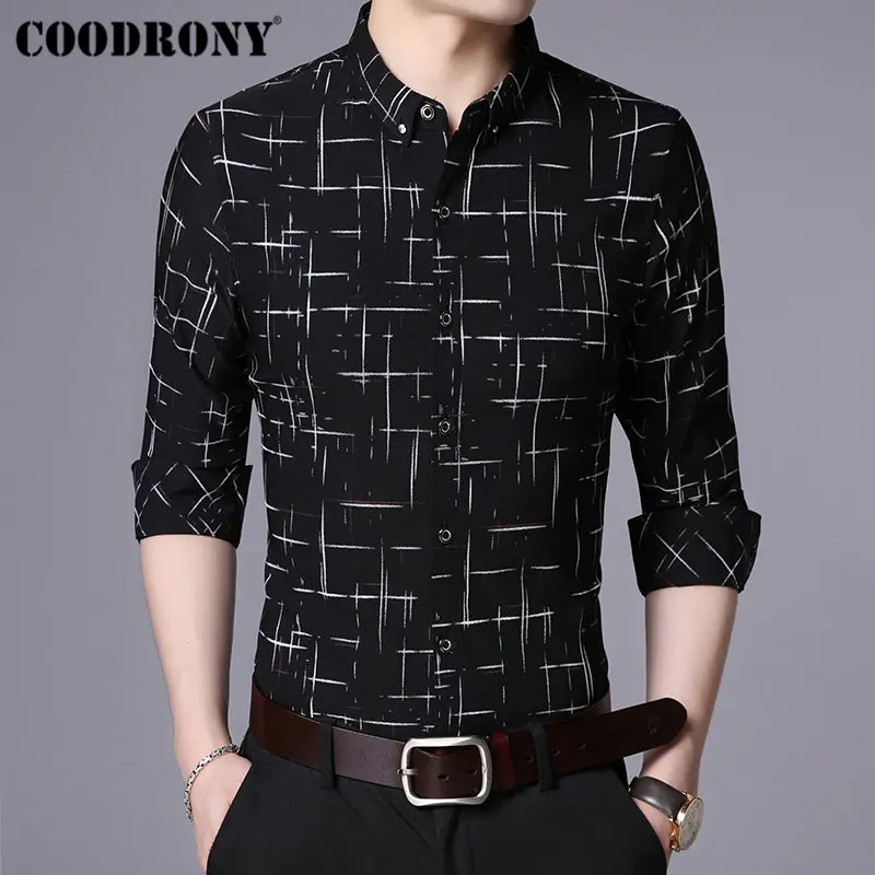Черный COODRONY, мужская рубашка, осень, Новое поступление, модная, в полоску, с длинным рукавом, хлопок, мужская рубашка, Бизнес Стиль, повседневные рубашки, Camisa Masculina 96030 - Цвет: Черный