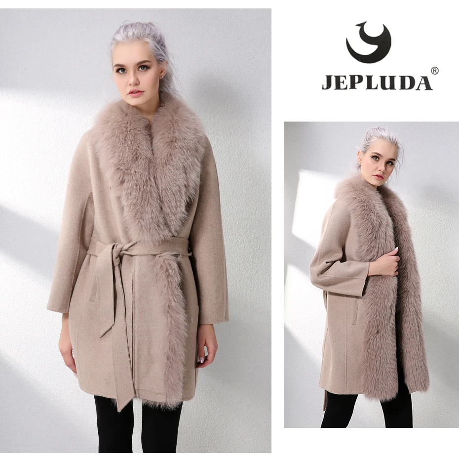 JELUDA Hot Sale Cashmere Coat Women Scarf Collar With Natural Real Fox Fur Real Fur Coat Genuine Leather Jacket Women Overcoat