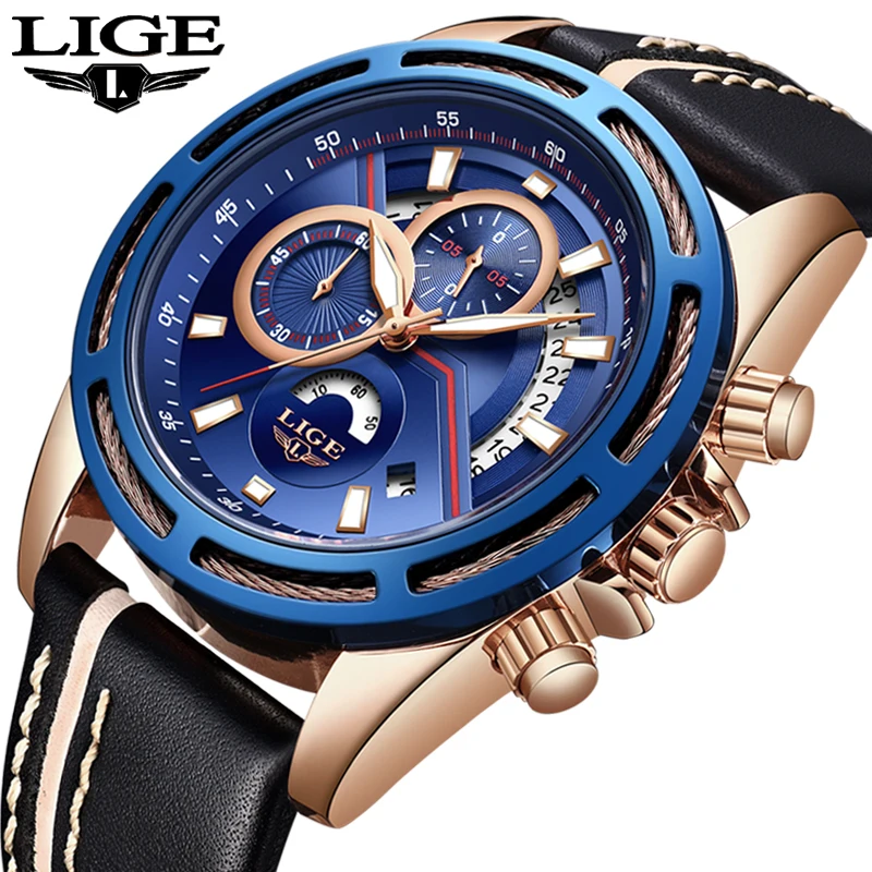 Новинка LIGE мужские часы Топ люксовый бренд Модные кожаные водонепроницаемые