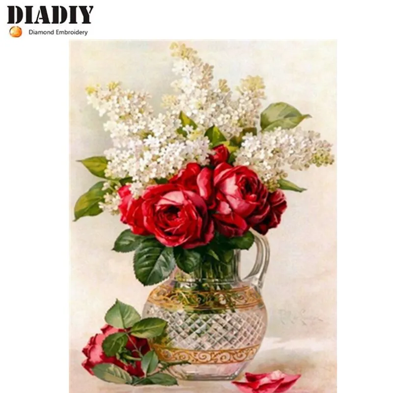 5D полная Алмазная Картина Вышивка крестом стеклянная ваза Узор мозаика красные