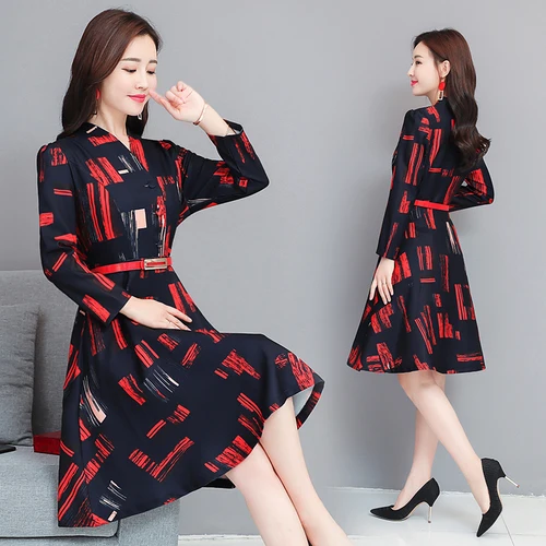 Женское винтажное платье с принтом элегантное ТРАПЕЦИЕВИДНОЕ до колен V образным