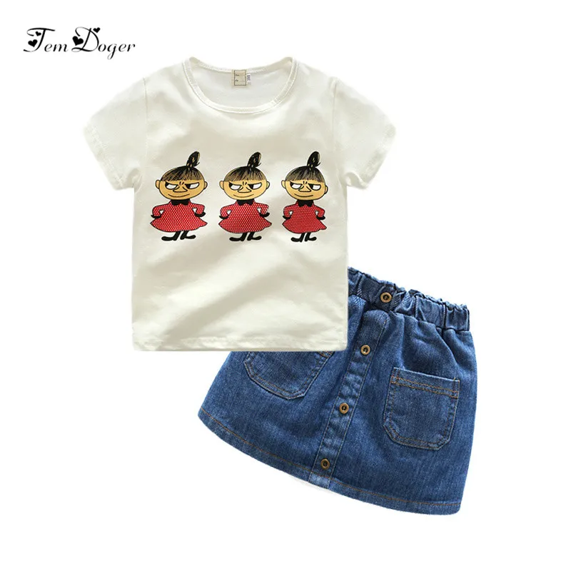 

Женский повседневный комплект одежды tem toger, белая футболка с мультяшным рисунком и джинсовая юбка, комплект из 2 предметов, 2018