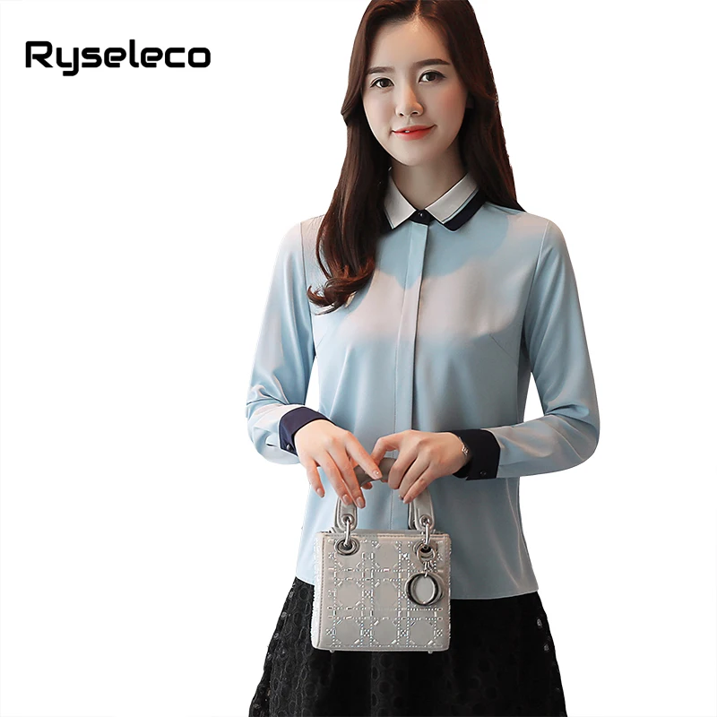 

Ryseleco Spring Women Brief Single Breasted Slim Work Chiffon Blouses New Turn Down Collar OL Patchwork Elegant Basic Tops Shirt