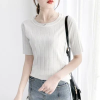 new render ice silk round collar short sleeve shirt sleeve thin sweater sleeve top five points in loose woman