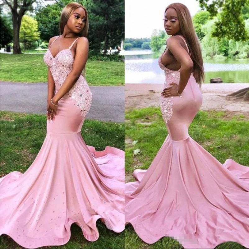 

prom dress 2021 pink prom dresses sweetheart mermaid bare back appliques crystal party dress with sweep train