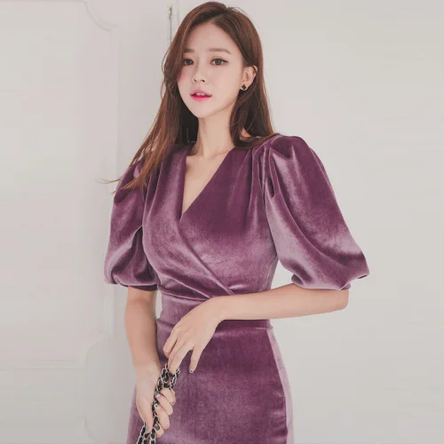 2022 New High Quality Fashion Korean Spring Midi Dress Women Office Bodycon Plus Size Velvet Vestidos Ladies Sexy Party | Женская одежда
