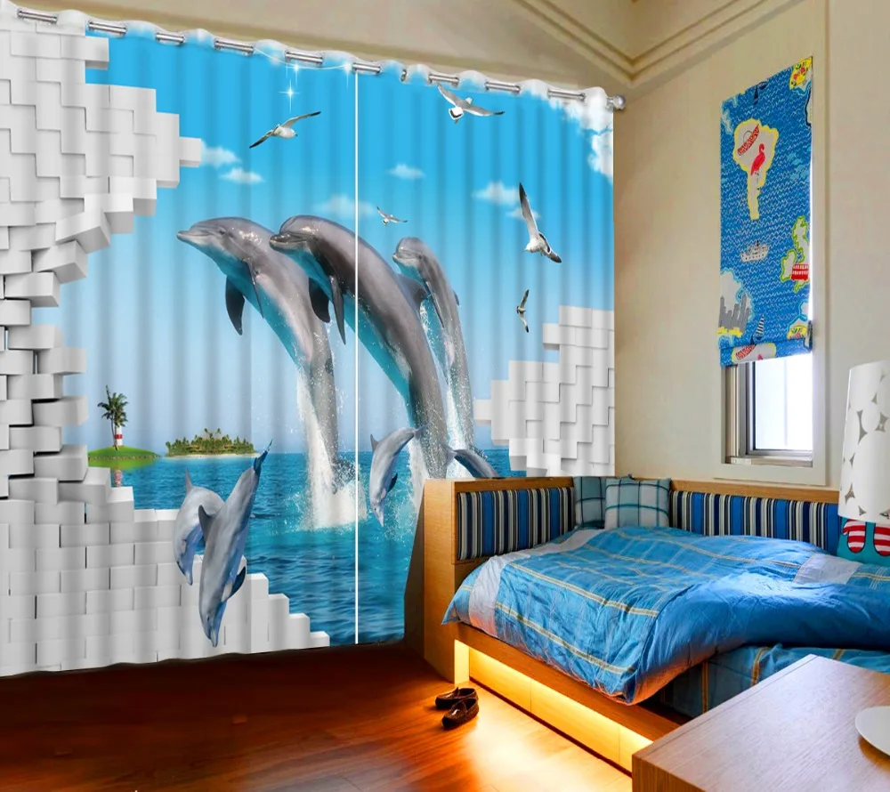 

3D Curtain Photo Customize Size Blue Underwater World Coral Dolphin Fish Window Curtain Living Room Blackout Printed Curtain