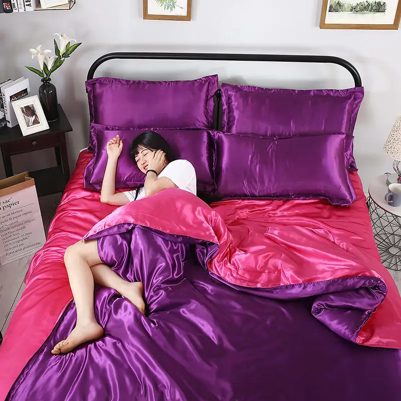 HOT! pure satin silk bedding set，Home Textile King size bed set， bed clothes， duvet cover ，flat sheet ，pillowcases ，Wholesa - Цвет: Modena--Rose red