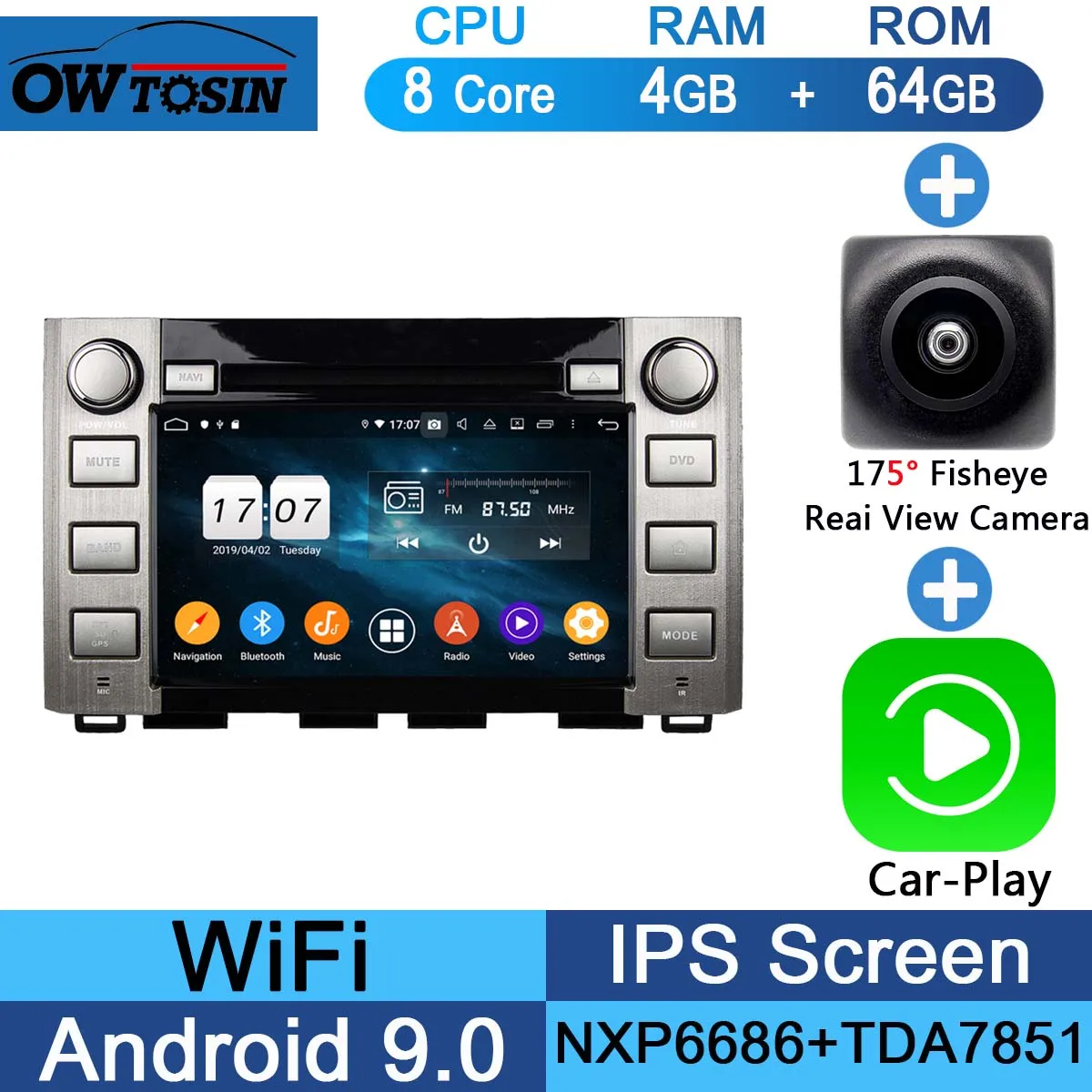 Fisheye Carplay n A " ips 1920*1080 8 Core 4G ram+ 64G rom Android 9,0 автомобильный dvd-плеер для Toyota Sequoia Tundra DSP радио gps Parrot BT - Цвет: Fisheye Carplay n A