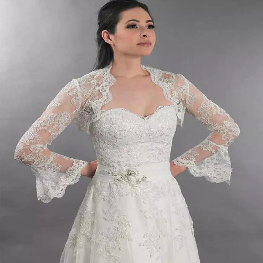 Real Picture Women New Front Open Bell Long Sleeve Wedding Jackets Coat Bridal Wraps Boleros Lace Applique Custom Made Jacket | Свадьбы и