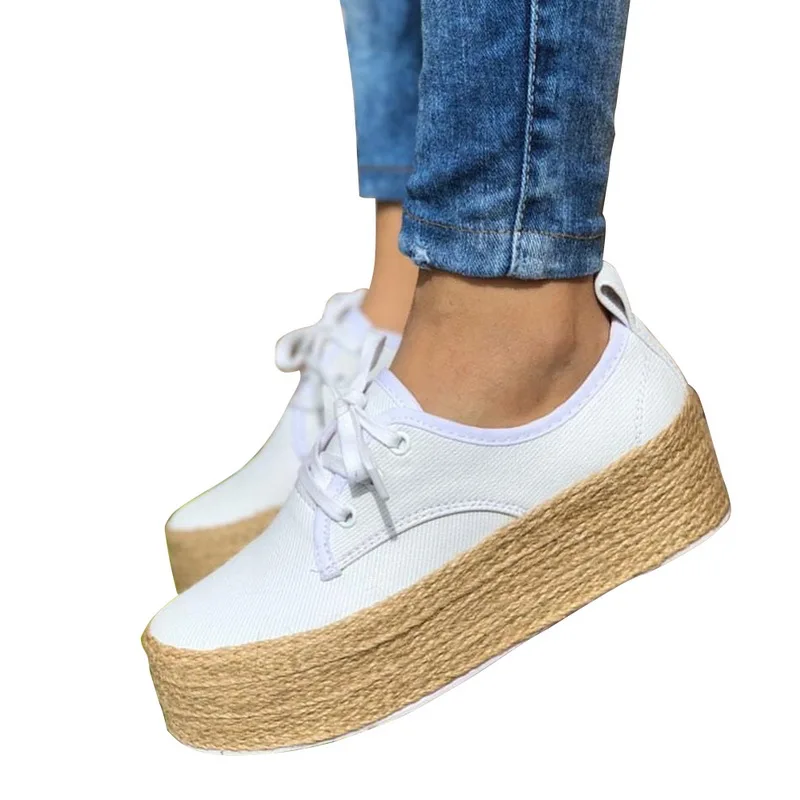 Эспадрильи женские холщовые толстая подошва плоская на шнуровке круглый носок