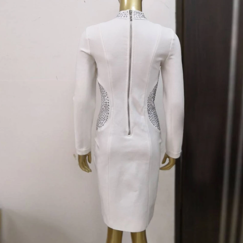 

High Quality White Beaded O-neck Long Sleeves On Knee High Rayon Bandage Party DressUnite Tight Dress 2021 New Direct Sales