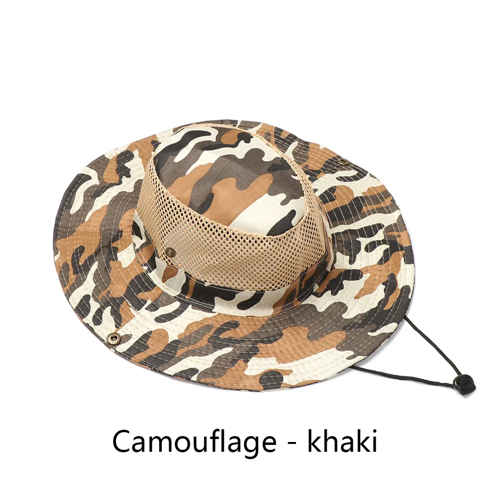 Для мужчин женщин Панамка Camo кепки Хлопок рыбалка поля козырек Защита от солнца Safari лето Кемпинг армии Военная Униформа ковбой - Цвет: khaki
