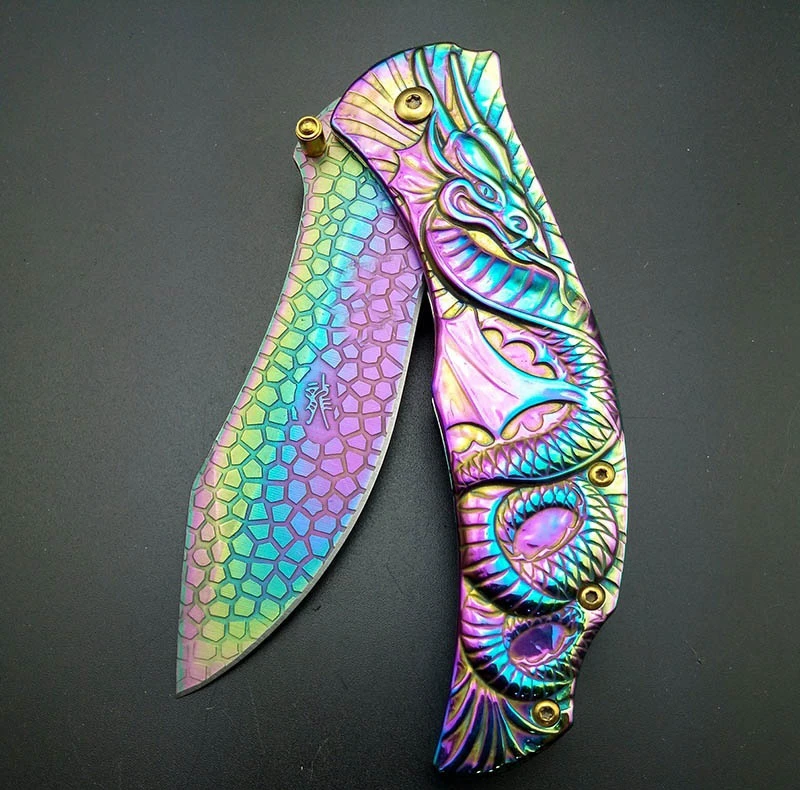 Multicolour Складной карманный нож с 3D драконом, коллекция, графические ножи для выживания, походные ножи, Универсальный Тактический нож, Радужный титановый нож - Цвет: Multicolour