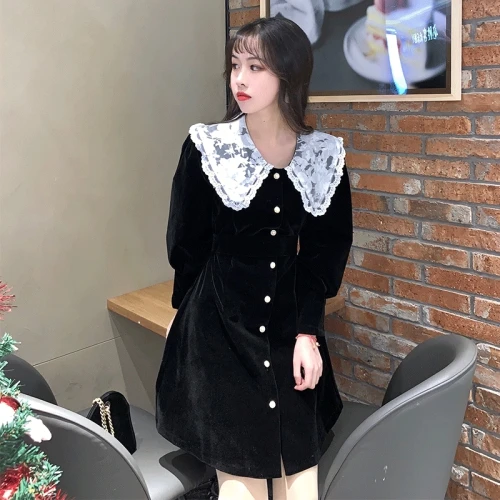 Korean Chic Preppy Style Vintage Gold Velvet Women Dress Lace Peter Pan Collar Full Sleeve Pearl Button Kawaii Dresses Woman | Женская