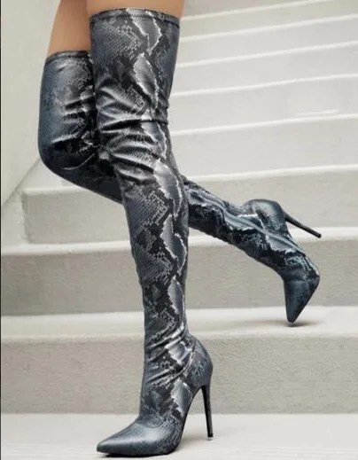 Spring New Brand Woman Python Snake Skin Pu Stiletto Heels Pointed Toe Slim Over The Knee Thigh Long Boots Burgundy Plus Size | Обувь