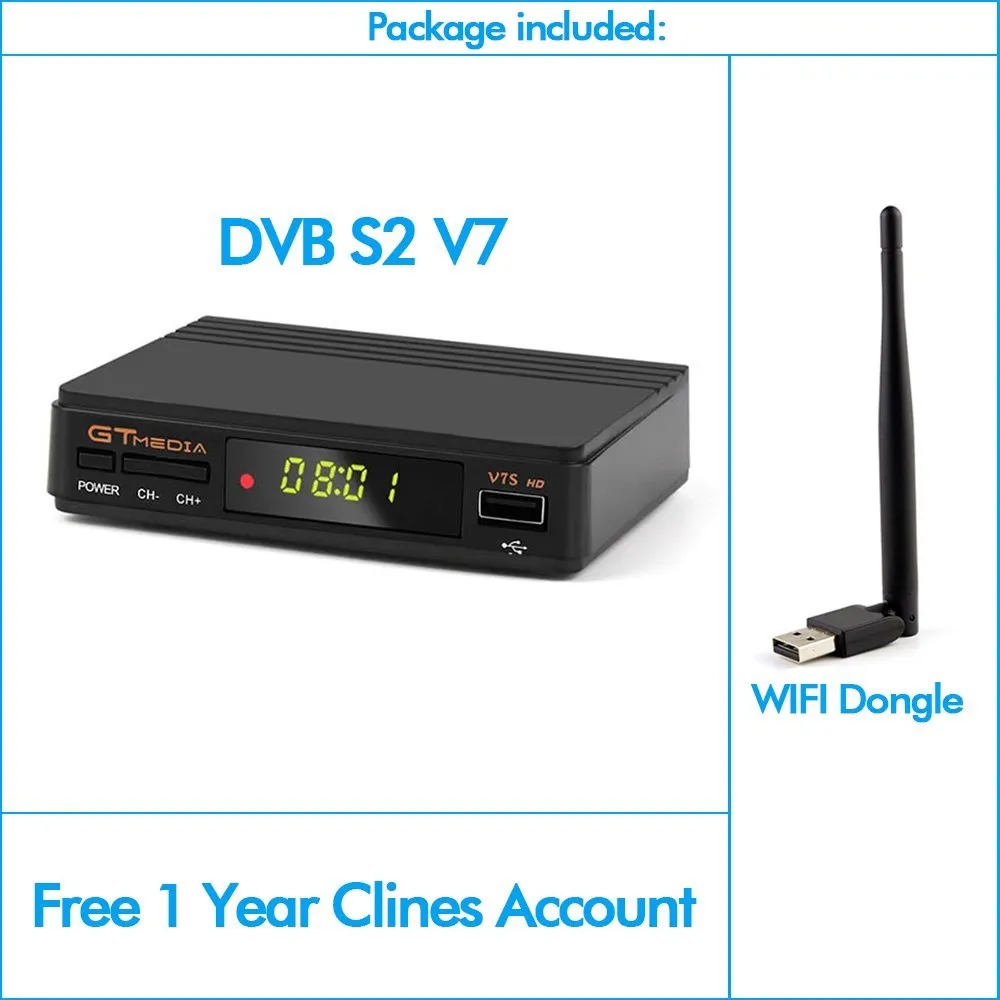 Gtmedia V7S HD цифровой спутниковый ресивер с 1 год Европа 7 линий Cccam полный 1080P Freesat DVB-S2 V7s+ USB wifi рецептор - Цвет: DVB-WIFI-CCCAM