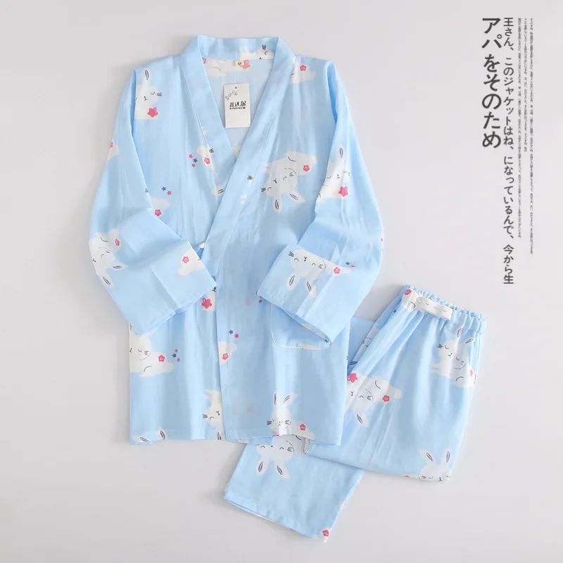 Blue rabbit Хлопок марлевые женские пижамы с длинным рукавом v-образным вырезом Pijama Mujer Весна и Лето Свободное кимоно сексуальная пижама комплект для сна - Цвет: Blue rabbit