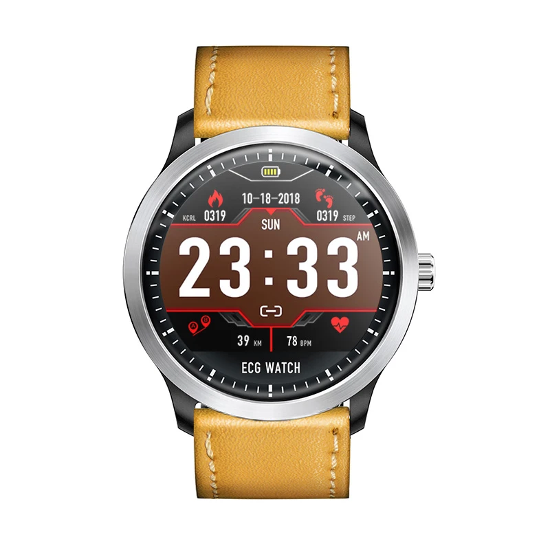 Brown leather strap RUNDOING N58 ЭКГ PPG умные часы с электрокардиографом экг дисплей, Холтер ЭКГ монитор сердечного ритма кровяное давление умные часы - Цвет: Brown leather strap