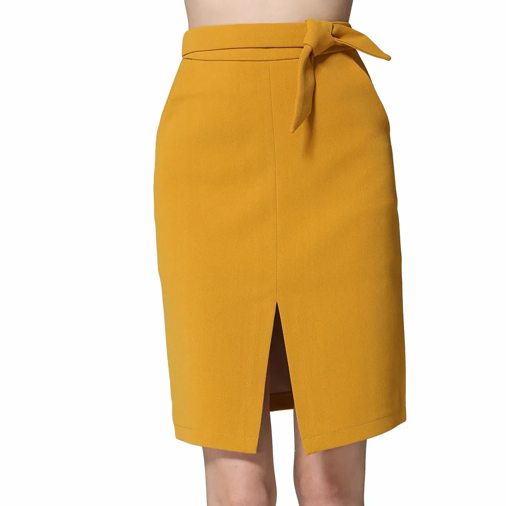 Юбка карандаш KoHuiJoo Женская черная желтая серая с большим бантом|front slit skirt|ladies pencil