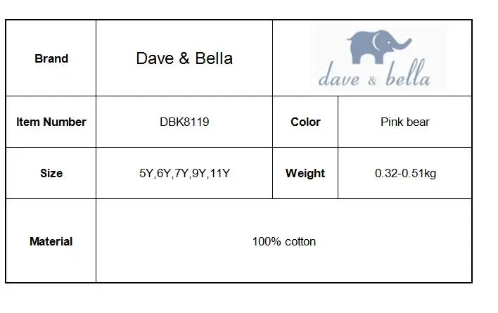 DBK8119 dave bella/детское От 5 до 11 лет платье Детские платья высокого качества с принтом медведя детская одежда с длинными рукавами Брендовая детская одежда