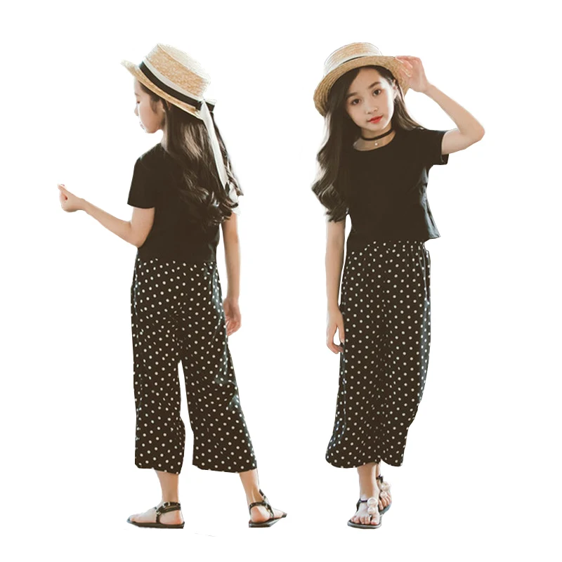 

2021 Girls Clothing Sets Summer Short Sleeve Black Cotton T-Shirt+Casual Polka Dot Pants 2 Pcs Kids Outerwear Children Clothes
