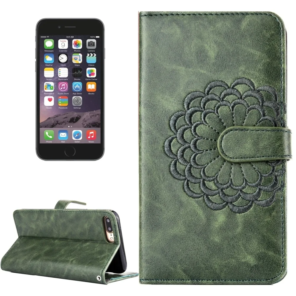 Кожаный чехол-книжка с вышивкой и цветочным узором для iPhone 6 6s Plus 7 отделениями
