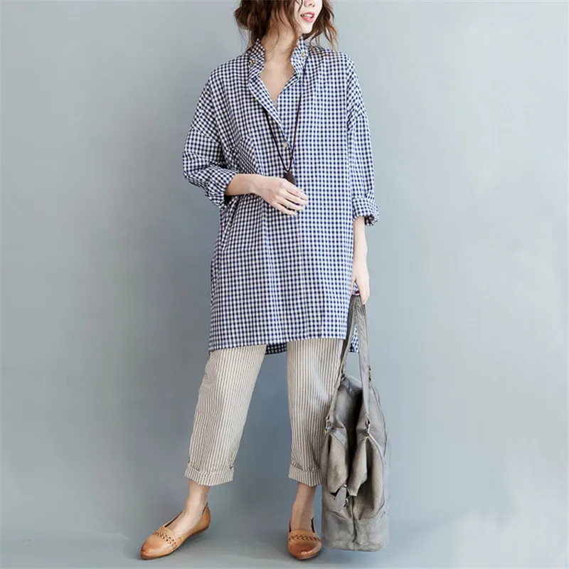 Женская клетчатая блузка с V образным вырезом большого размера|blouse shirt|check toplong loose