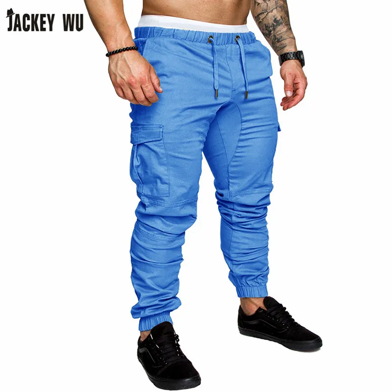 Бренд JACKEYWU, мужские брюки, мода, много карманов, сплошной цвет, для бега, эластичная талия, хаки, брюки карго, повседневные Комбинезоны, хип-хоп - Цвет: Sky Blue Joggers