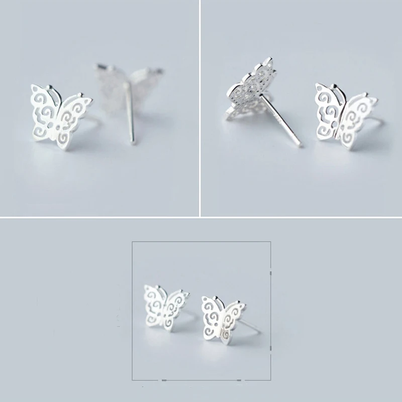 

NBSAMENG 100% 925 Sterling Silver Tiny 9*8mm Hollow Butterfly Animal Stud Earrings For Women Girls Gift Jewelry Prevent allergy