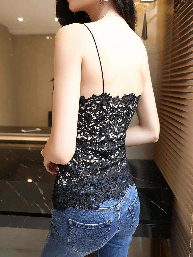 Кружевные сексуальные женские топы без рукавов черные вязаные крючком