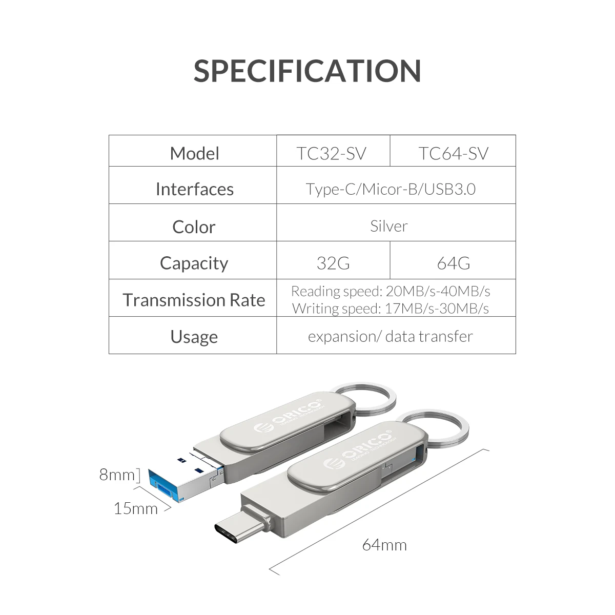 USB флеш диск ORICO 64 ГБ 32 u с функцией OTG интерфейс Type C Micro B USB3.0 для компьютера