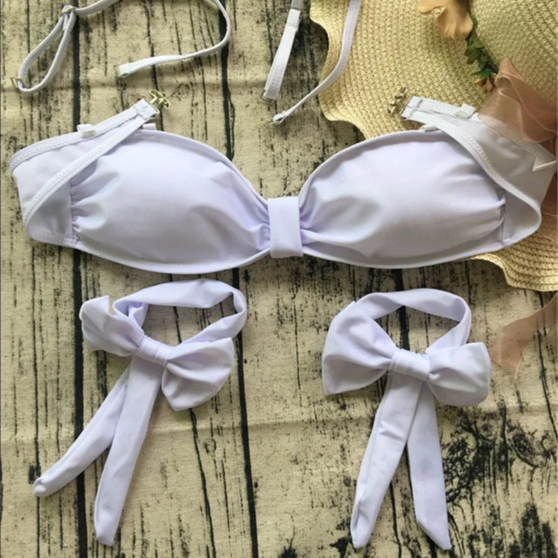 Janesmaque White Bikini Set Women Bandage Bow Sexy Bikinis Swimwear Swimsuit Bathing Swimming Suit Beachwear Brazilian |