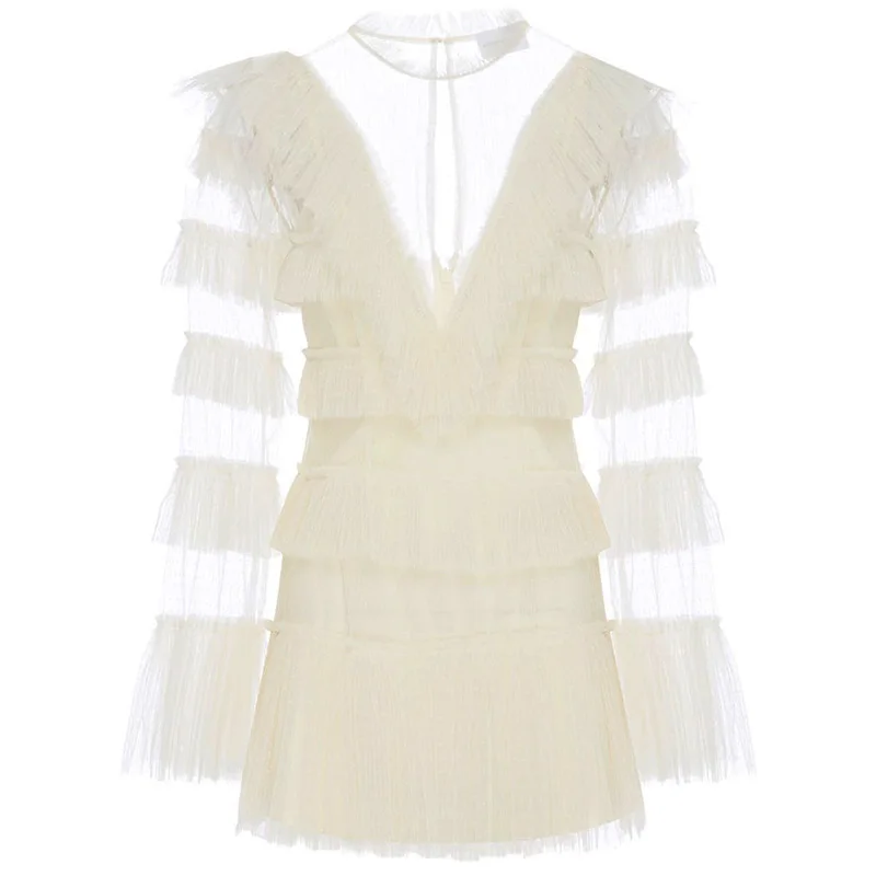 Sexy V-neck White Perspective Mesh Lace Patchwork Dress Women 2019 Spring Flare Sleeve Ruffles Designer Runway | Женская одежда