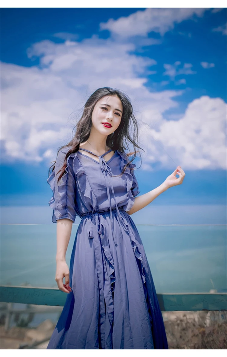 

2019 spring literary small fresh blue chiffon dress new ruffled waist slimming five-point sleeve women's dress W148