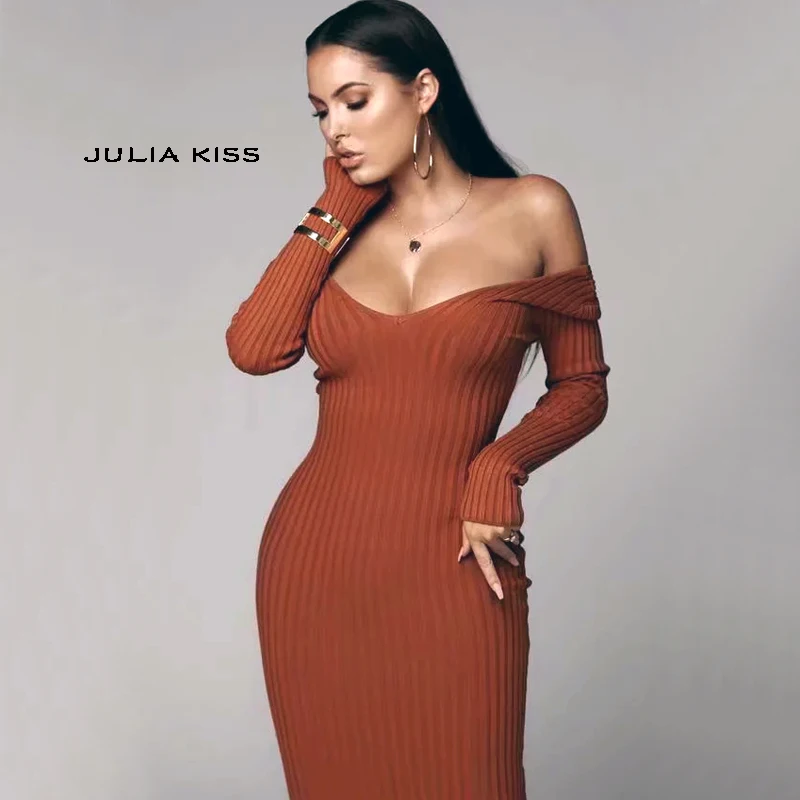 Women Off Shoulder Ribbed Knit Dress Long Dress