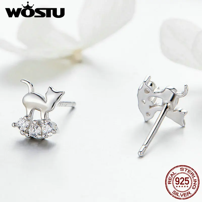Женские серьги в виде кошек WOSTU из настоящего серебра 925 пробы с кристаллами