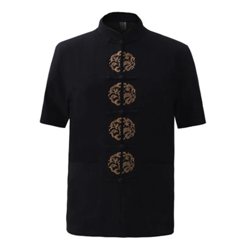 Summer Navy Blue Men's Cotton Embroidery Dragon Shirt tops Vintage Chinese Kung Fu Short Sleeve Tang Suit Size M - XXXL | Мужская