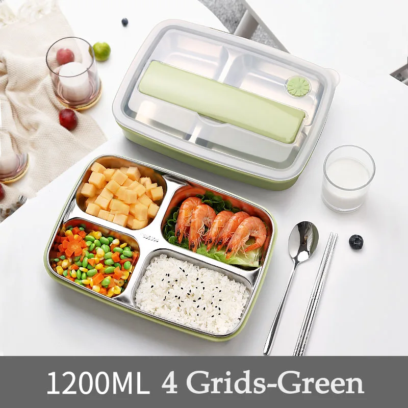 4 Grids-Green Oneisall Bento Ланч-бокс кухонный пищевой контейнер из нержавеющей стали Пластиковый 1200 мл ланчбокс для детей с подогревом Ланч японский стиль - Цвет: 4 Grids-Green