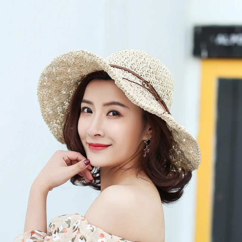 

Summer sun hats for women girls chapeau femme handmade crochet soft fold straw beach hat