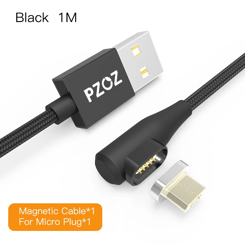 Магнитный кабель PZOZ, micro usb, быстрое зарядное устройство, type-c, usb для iphone xs max, xr, x, 8, 7 plus, 6s, 6, 5 s, Магнитный зарядный кабель на 90 градусов - Цвет: Black Micro usb 1M