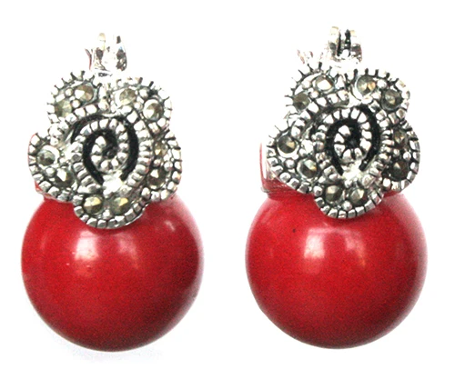 

hot sell new - Lady's 12mm Red Coral Bead Flower Marcasite & 925 Silver Earrings