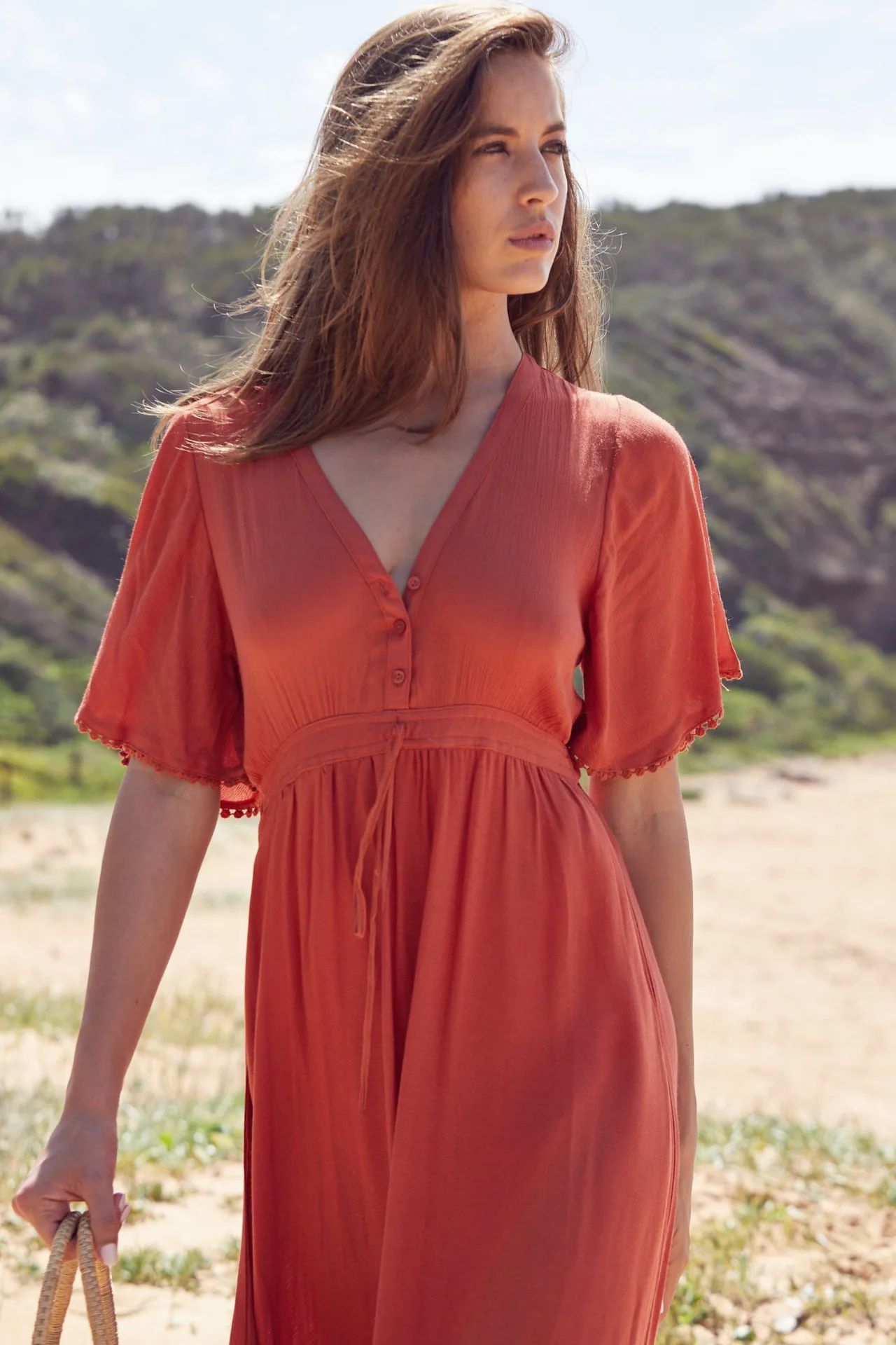 

2021 Boho Rayon Dress V-neck Ruffles Sweet Maxi Dress Front Button Floor Length Dress Solid Color A-line High Waist Summer Dress