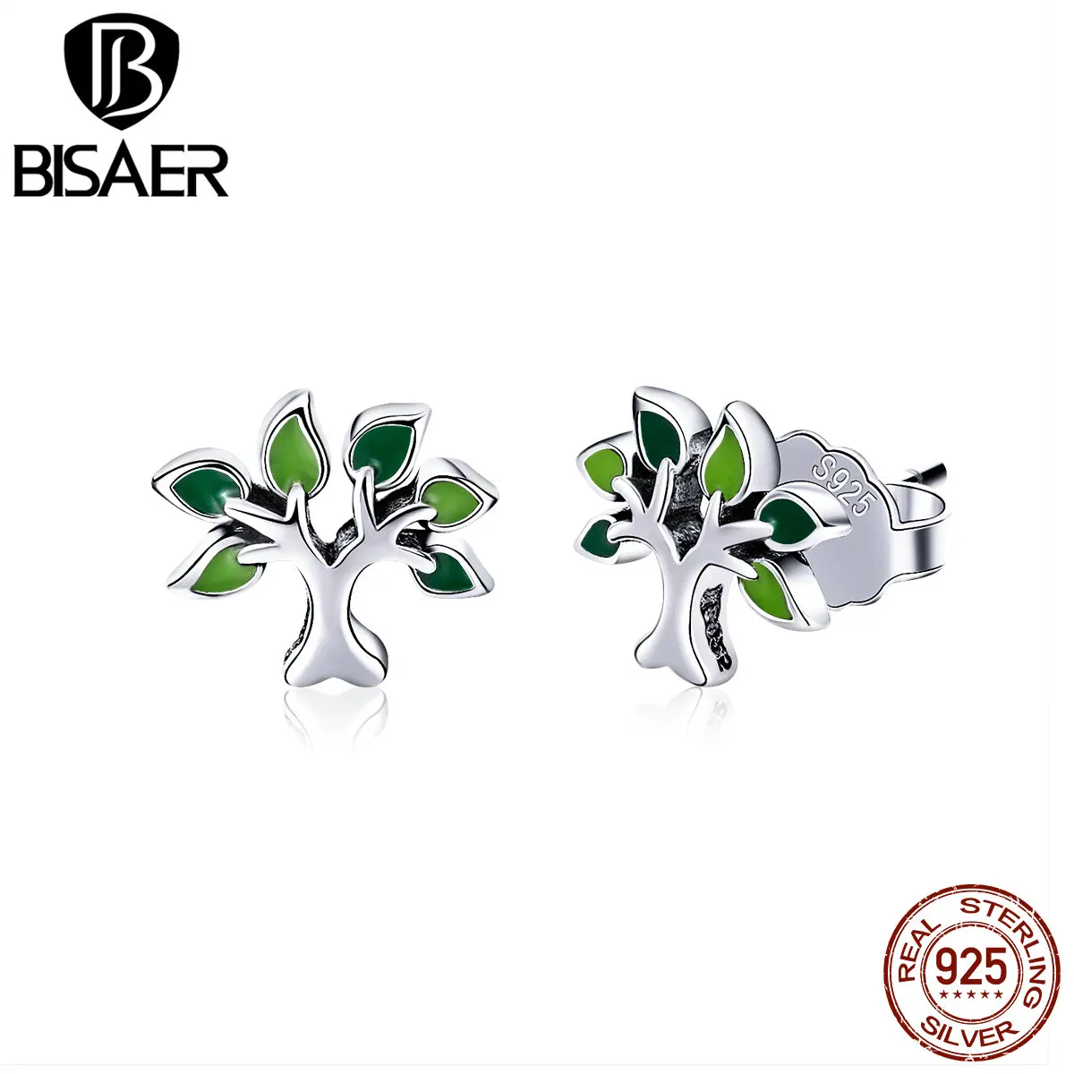 BISAER, настоящее 925 пробы, серебряное дерево жизни, маленькие серьги-гвоздики, дерево, листья, серьги для женщин, модное серебряное ювелирное изделие