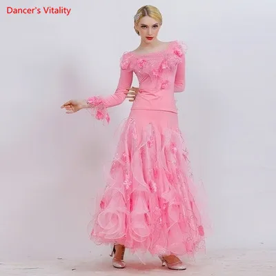 pink suit Для взрослых костюмы для бальных танцев костюм одежда с длинным рукавом Топы+ юбка большого размера 2 шт./компл. для Для женщин, латинских танцев; вальса; Танго; танцевальный костюм для выступлений - Цвет: pink suit