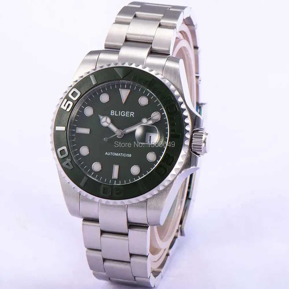 

43mm Automatic Men's Watch Bliger green dial Sapphire Glass Ceramics Bezel 1887