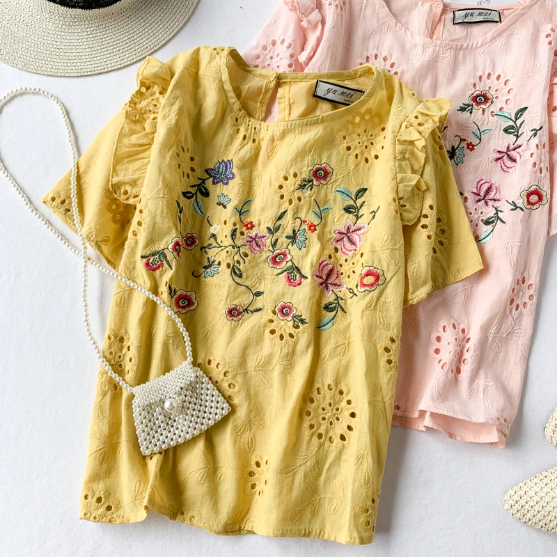 2019 Новая модная женская блузка рубашка свежая кружевная вышитая с коротким