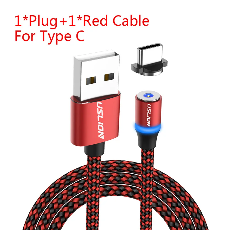 For Type C Red USLION 1 м 2 м светодиодный магнитный кабель USB type-C и Micro USB для iPhone Xs Max 8 7 6 для samsung Xiaomi HUAWEI зарядный кабель - Цвет: For Type C Red